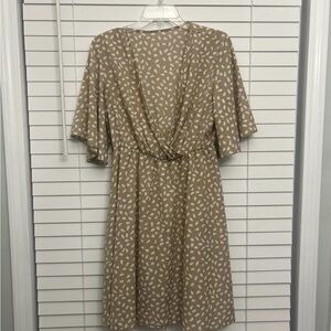 SHEIN Beige and White Printed Wrap-Style Midi Dress